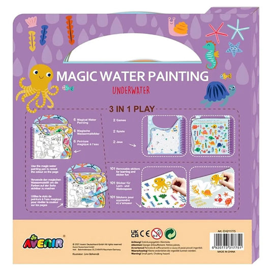 Avenir Magic Water Painting – Underwater | 6 Reusable Coloring Surfaces, 2 Sheets of Repositionable Stickers, and Refillable Water Pen, Easy to Carry | Kids 3+