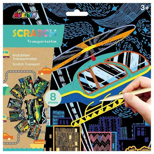 Avenir Scratch Art Kit – Transportation | Unleash Creativity with Vibrant Drawings! 4 Themed Scratch Boards and Scratch Tool | Watch Brilliant Colors Unfold, Engaging Activity for Young Artists 3+
