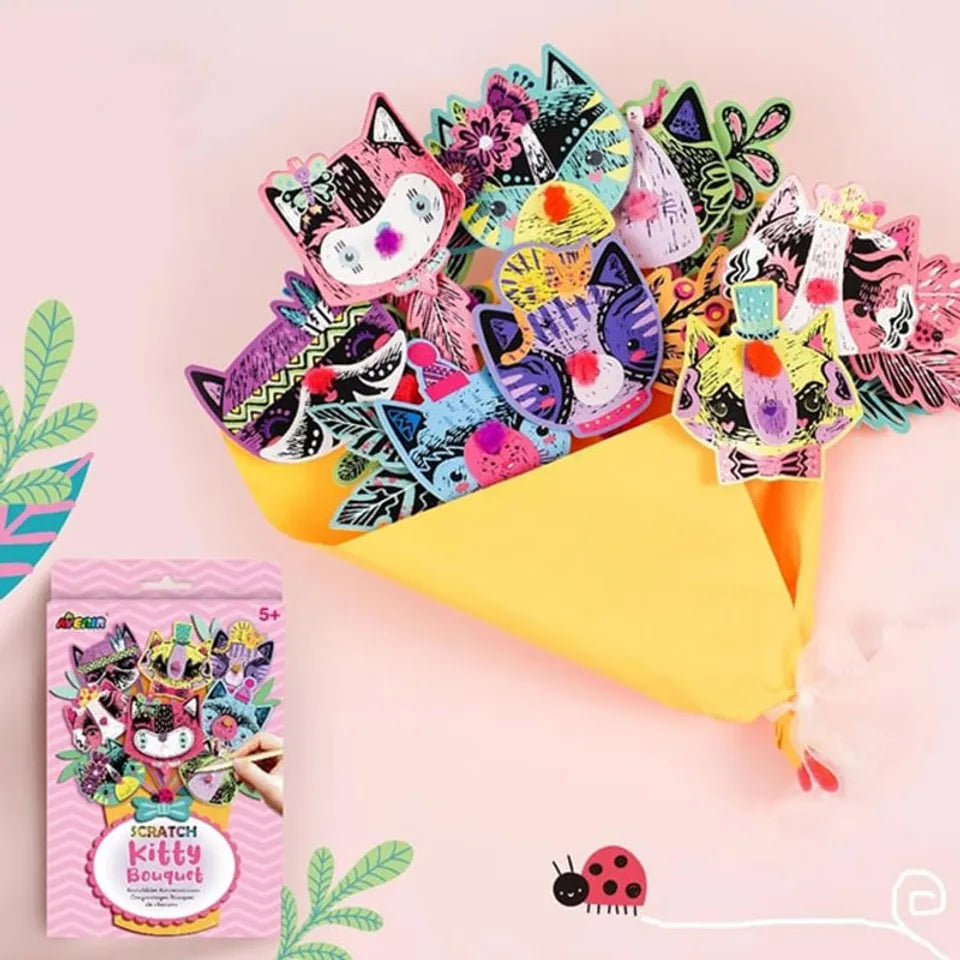 Avenir Scratch Bouquet Kit – Kitty | Themed Fun! Create Personalized Bouquets with Scratch Sheets, Wrapping Paper, and Ribbon | Step-by-Step Instructions for Kids 3+