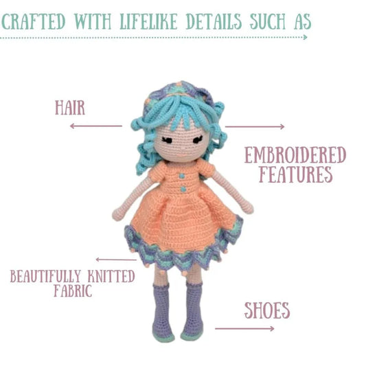 Happy Threads Handmade Crocheted Diana Whimsy Doll (15 inches) – Multicolour | Crochet Toys | Child Safe | for Babies 6 Months & Above | Dolls for Boys/Girls| For Birthday Gift | Decorative Items for Room