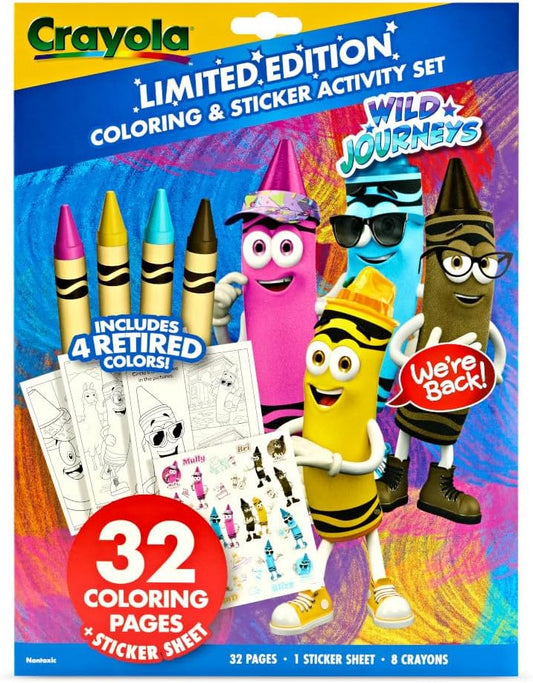 Crayola Retired Colors Wild Journeys Coloring & Activity Set – 32 Pages, Classic Retired Crayons & Stickers, Gift for Kids Ages 3+