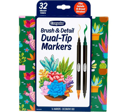 Crayola Brush & Detail Dual-Ended Markers, 16 Count – Blendable Art Markers with Brush and Fine Tips for Drawing, Lettering & Coloring