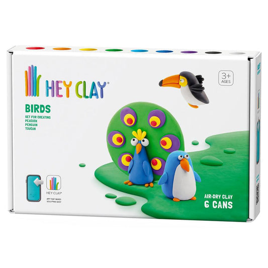 HEY CLAY -DIY Birds: Toucan, Penguin, Peacock Plastic Creative Modelling Air-Dry Clay For Kids 6 Cans