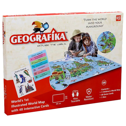 Unik Play - Geografika | Educational Game, World Map Board Game, Geography Illustrated Map with Cards | Learning Tools for Boys & Girls