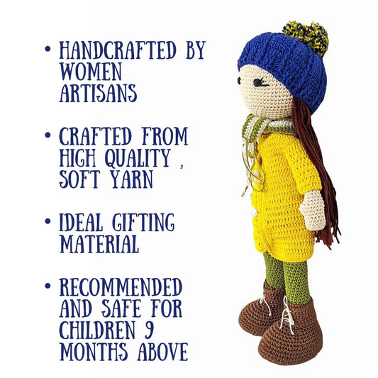 Happy Threads Handmade Crocheted Kelly Doll (12 inch) – Yellow | Crochet Toys | Child Safe | for Babies 6 Months & Above | Dolls for Boys/Girls| for Birthday Gift | Decorative Items for Room