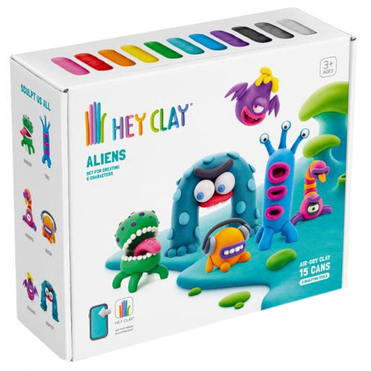HEY CLAY - Aliens Set-Colourful Modeling Kids-Air Dry Clay Kit 15 cans and Sculpting Tools with Fun Interactive Instructions App, Multicoloured