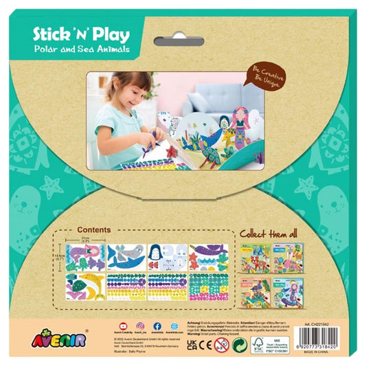 Avenir Stick 'N Play Series - Polar & Sea Animals | 200+ Reusable Stickers for Endless Fun! Create Play Scenes with 8 Illustrated Theme Cards, Make Your Own Animal Figures | For Kids 3+