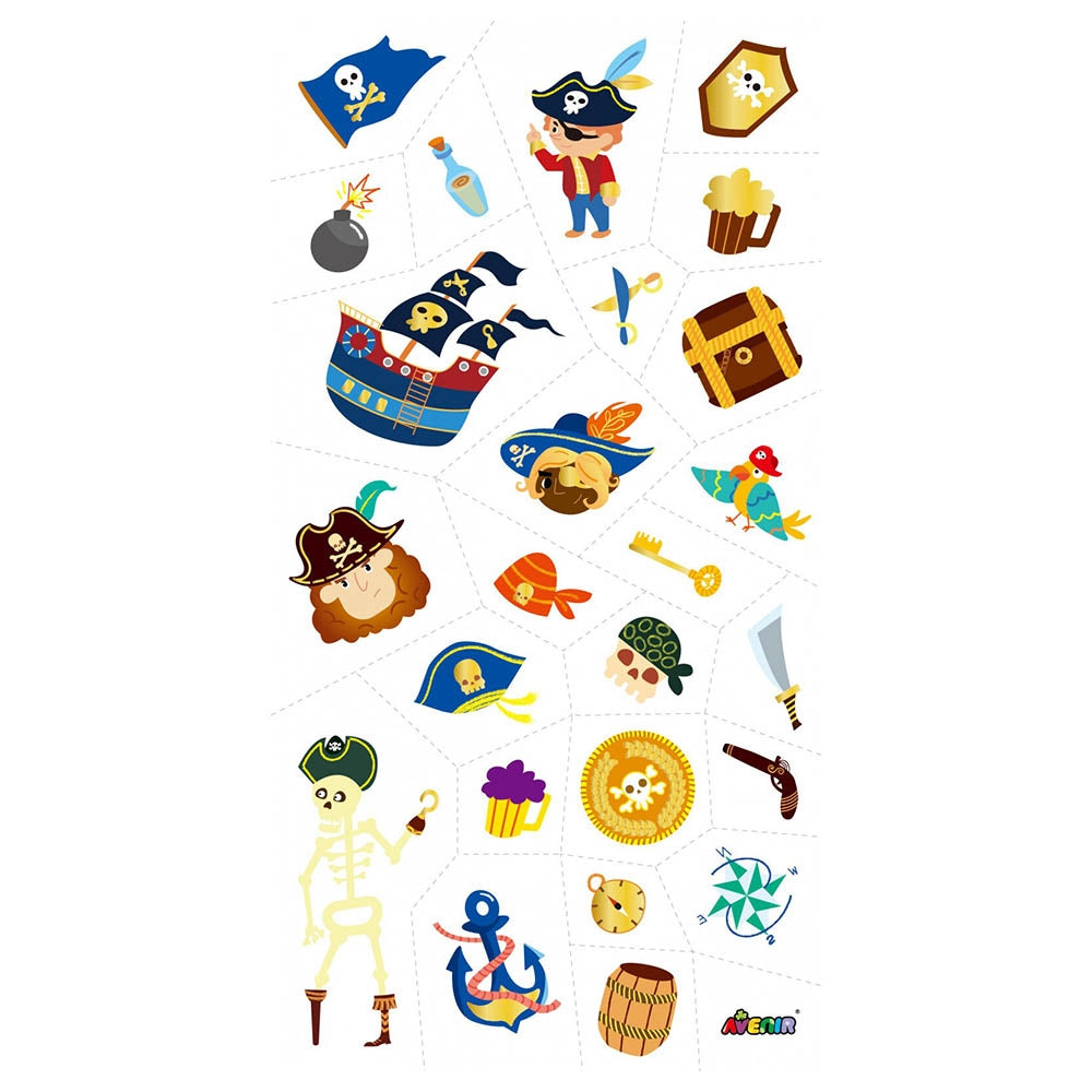 Avenir Tattoo Sticker - Pirate | 52pc Set of Temporary Tattoos - High-Quality Water-Based Ink - Safe and Easy to Apply and Remove - Lasts 3-5 Days for Kids 3+