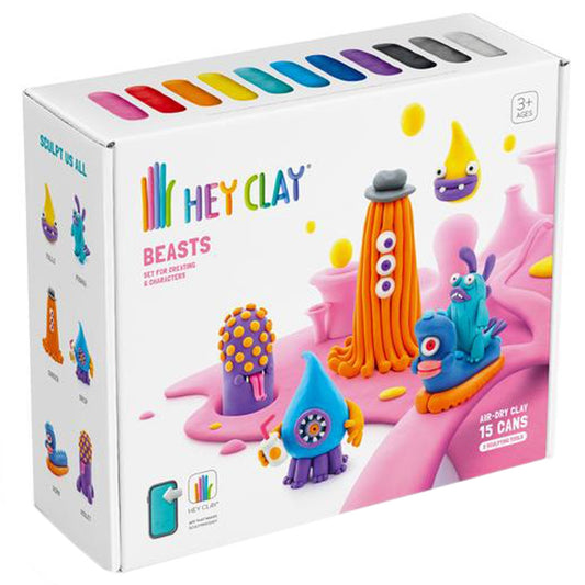 HEY CLAY - Beasts Set-Colourful Modeling Kids-Air Dry Clay Kit 15 cans and Sculpting Tools with Fun Interactive Instructions App, Multicoloured
