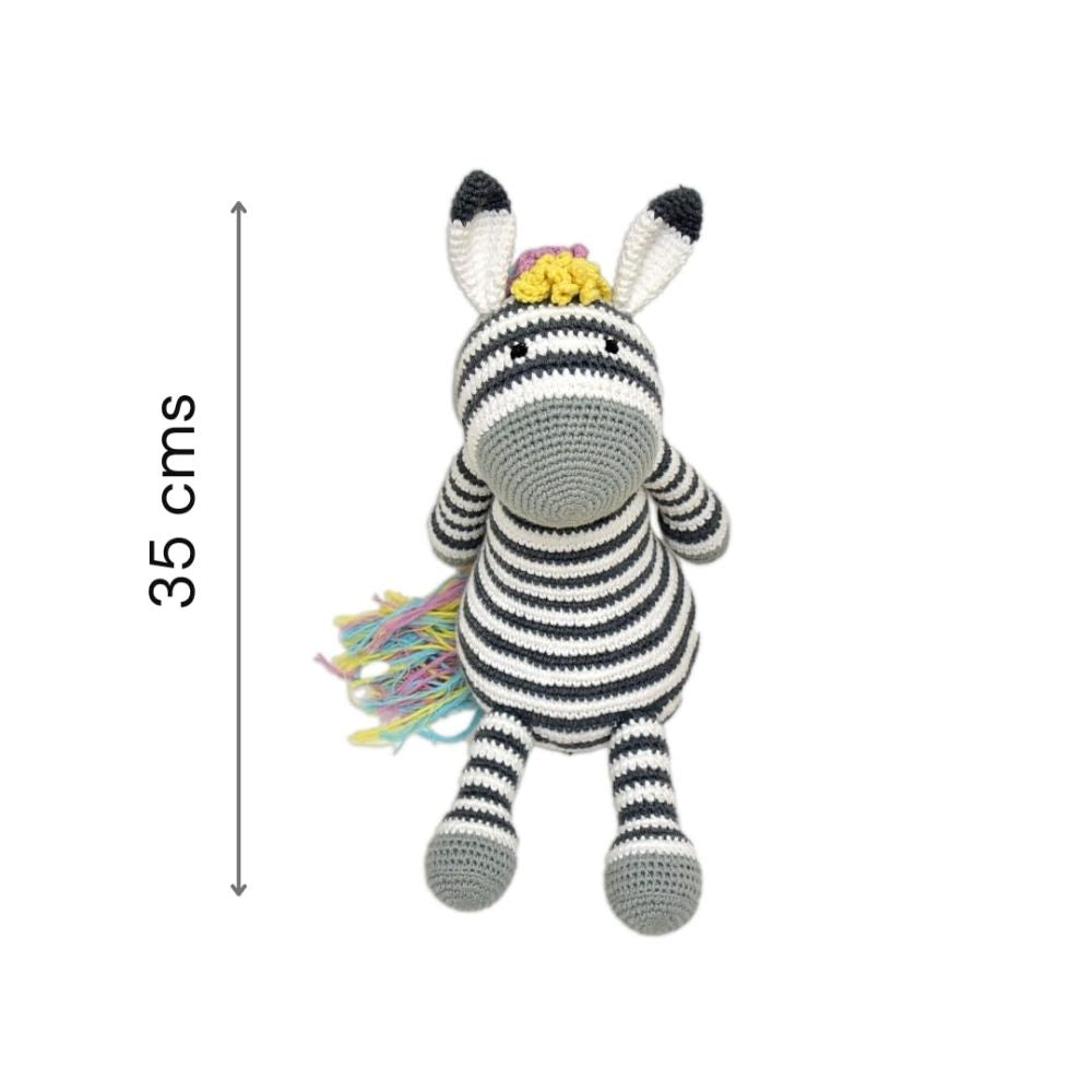 Happy Threads Handmade Crocheted Ziggy the Zebra (12 inches) – Multicolour | Crochet Toys | Child Safe | for Babies 6 Months & Above | Dolls for Boys/Girls| For Birthday Gift | Decorative Items for Room
