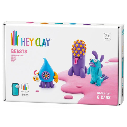 HEY CLAY -DIY Beasts: Yollo, Violet, Fishka Plastic Creative Modelling Air-Dry Clay For Kids 6 Cans