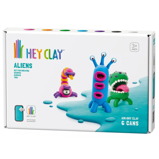 HEY CLAY -DIY Aliens: Burger, Trio, Scorpio Plastic Creative Modelling Air-Dry Clay For Kids 6 Cans
