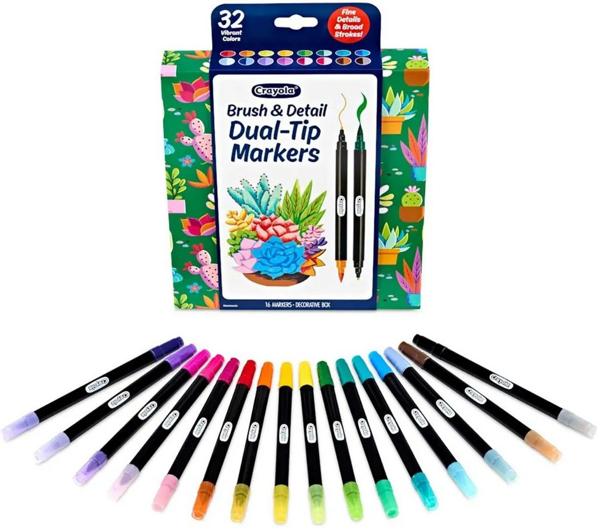 Crayola Brush & Detail Dual-Ended Markers, 16 Count – Blendable Art Markers with Brush and Fine Tips for Drawing, Lettering & Coloring