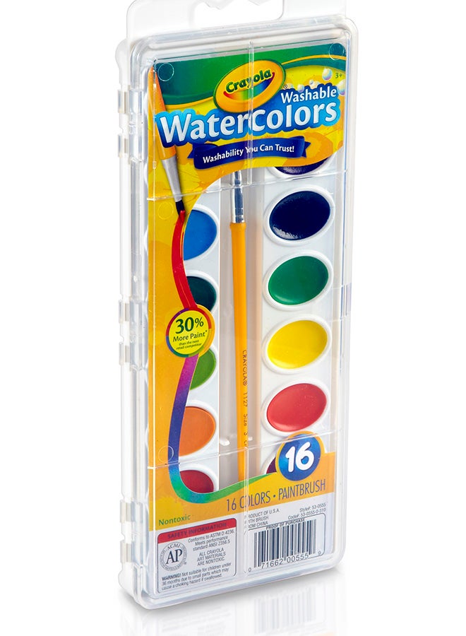 Crayola Washable Watercolors Pans with Plastic Handled Brush, 16 Count