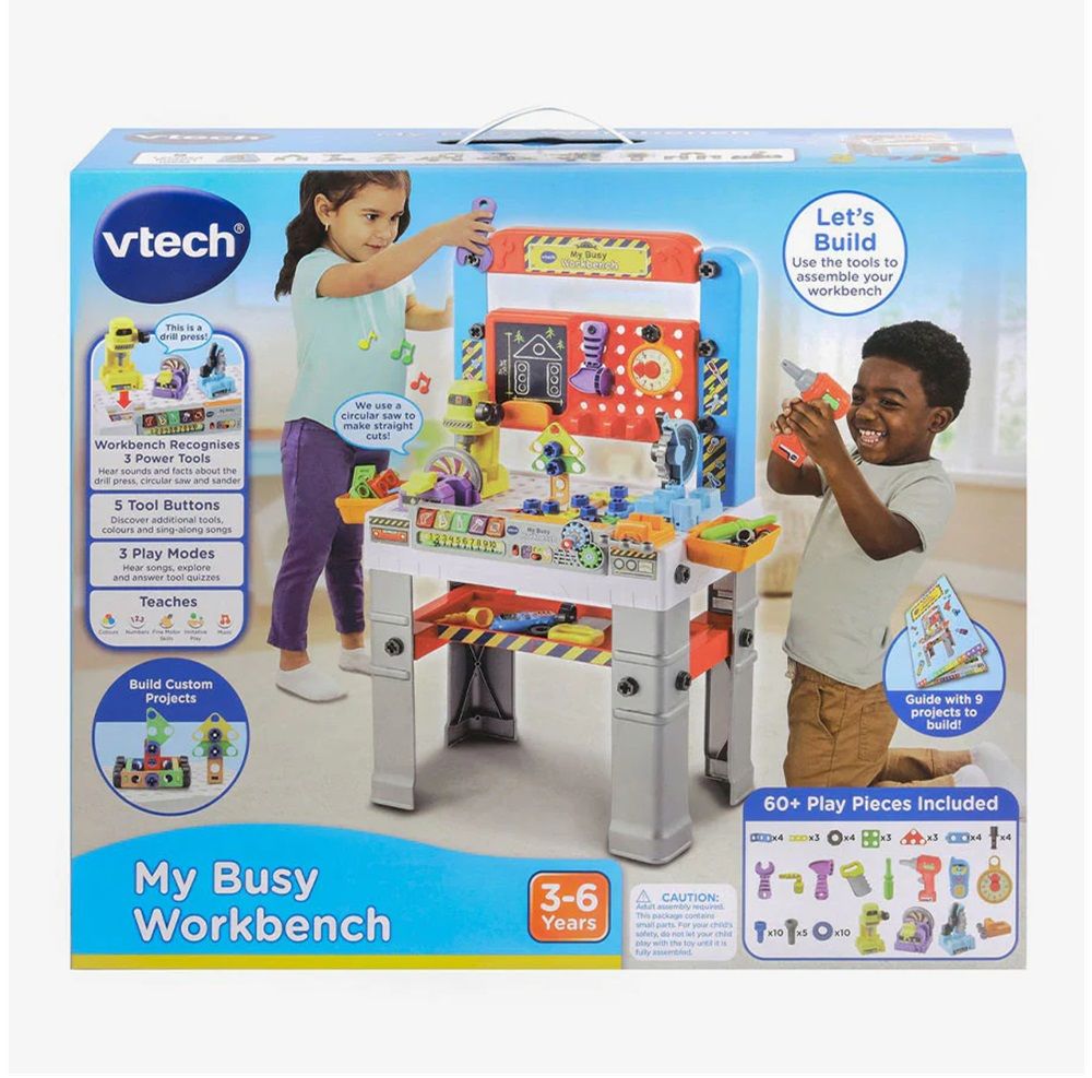 VTech My Busy Workbench, Interactive Toddler Toy, Pretend Play Tools, 100+ Pieces, Lights, Music & Sounds, Kids Gifts 3, 4, 5 + Years, English Version