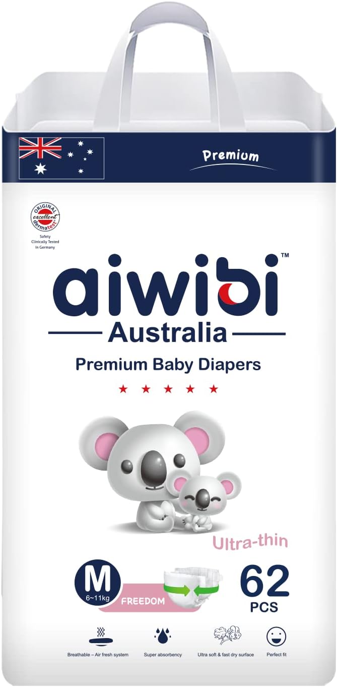 Aiwibi Ultra-thin premium baby Diapers, cotton-like, anti-irritation, Size M (5-9kg) 62 counts.