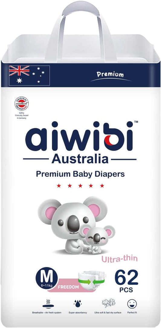 Aiwibi Ultra-thin premium baby Diapers, cotton-like, anti-irritation, Size M (5-9kg) 62 counts.