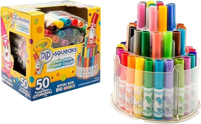 Crayola Pip-Squeaks Telescoping Marker Tower – 50 Washable Mini Markers for Kids | Compact 3-Tier Storage, Easy to Clean, Non-Toxic Art Supplies for Creative Drawing & Coloring