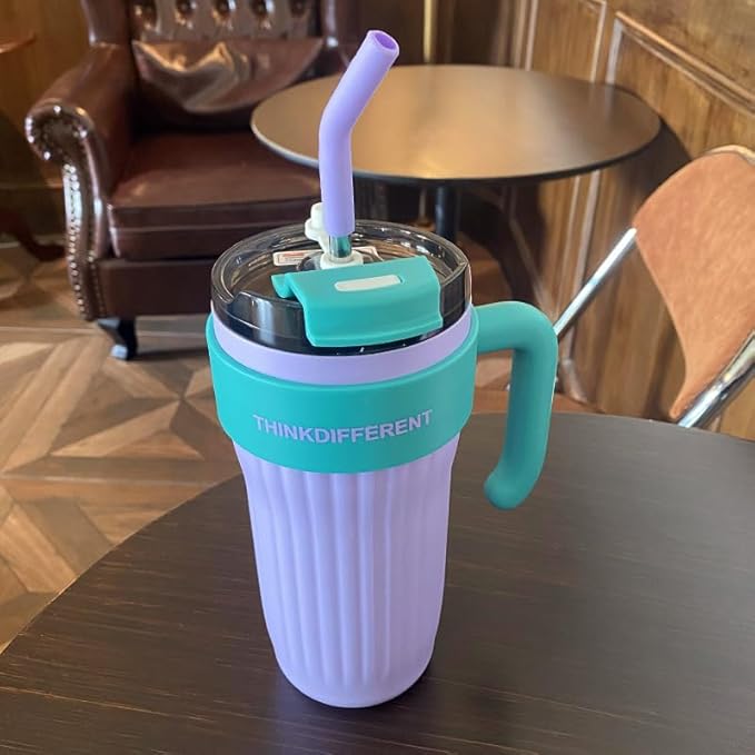 Insulated Tumbler with Handle and Straw Lid, Stainless Steel Coffee Mug Portable Coffee Tumbler Leak-Proof Coffee Cup Travel Mug Hot and Cold BPA-Free Fit in Car Cup Holder 860ml (Purple)