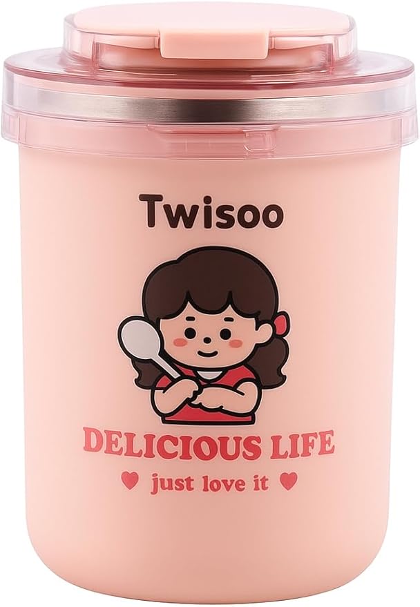 500ml Portable Stainless Steel Soup & Breakfast Cup – Cartoon Design, Thermos for Milk, Oatmeal, and Nutrition – Ideal for Students & Office Workers" (Pink)