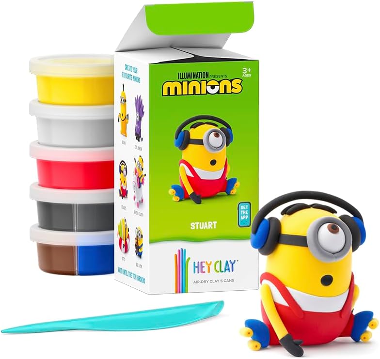Hey Clay - Minions Stuart Colourful modelling air-dry clay, 5 cans with fun interactive app for kids 3 years +