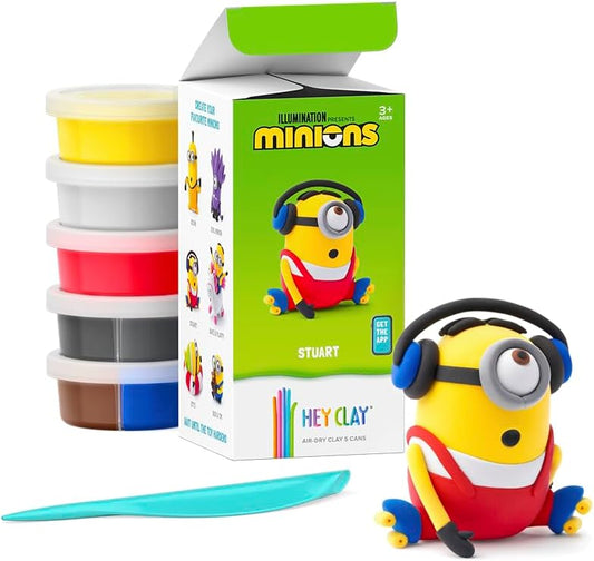 Hey Clay - Minions Stuart Colourful modelling air-dry clay, 5 cans with fun interactive app for kids 3 years +