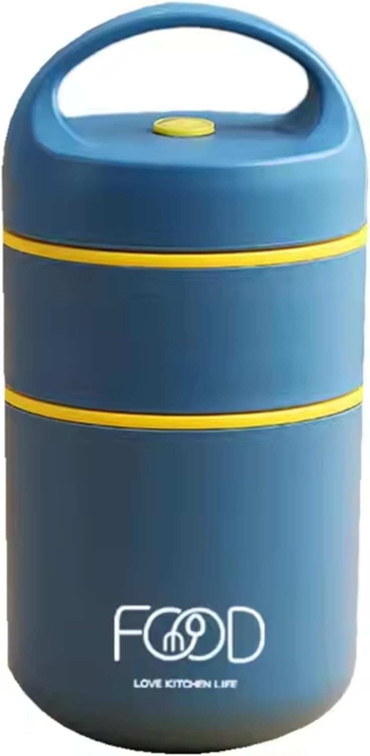 Double Soup Bowl Insulated Lunch Container Thermos Steel Food Jar with Spoon Stainless Steel 2 Compartment Leak Proof Airtight Lunch Container for Hot and Cold Food 710ml (Blue1)