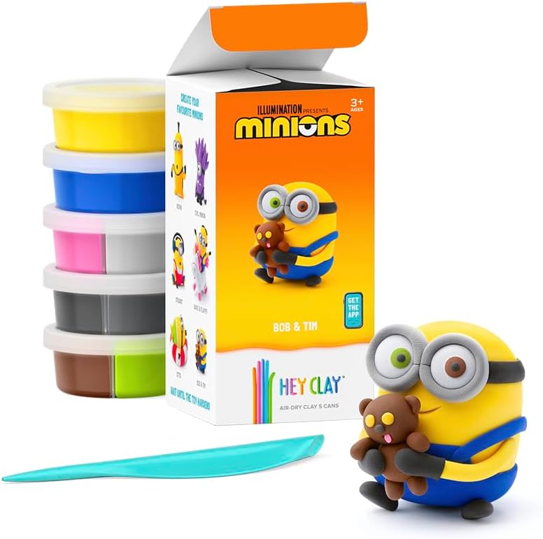 Hey Clay - Minions Bob & Tim Colourful modelling air-dry clay, 5 cans with fun interactive app for kids 3 years +