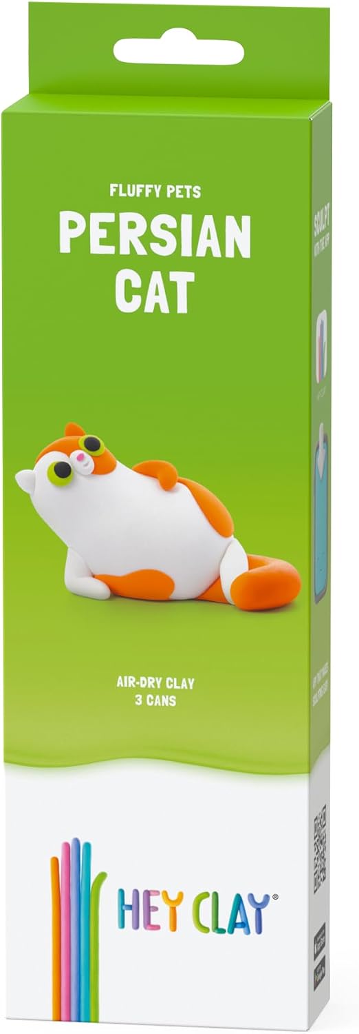 Hey Clay - Fluffy Pets PERSIAN CAT Colourful modelling air-dry clay, 3 cans with fun interactive app for kids 3 years