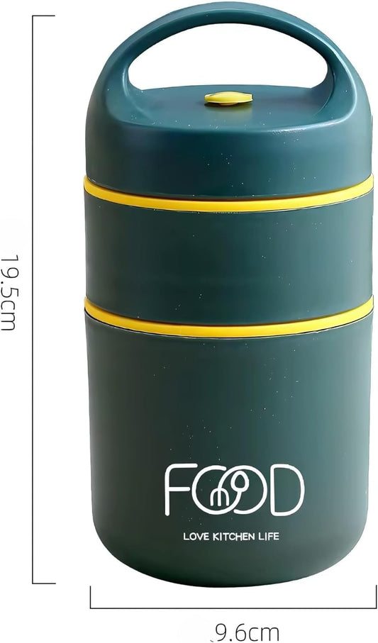 Double Soup Bowl Insulated Lunch Container Thermos Steel Food Jar with Spoon Stainless Steel 2 Compartment Leak Proof Airtight Lunch Container for Hot and Cold Food 710ml (Green)