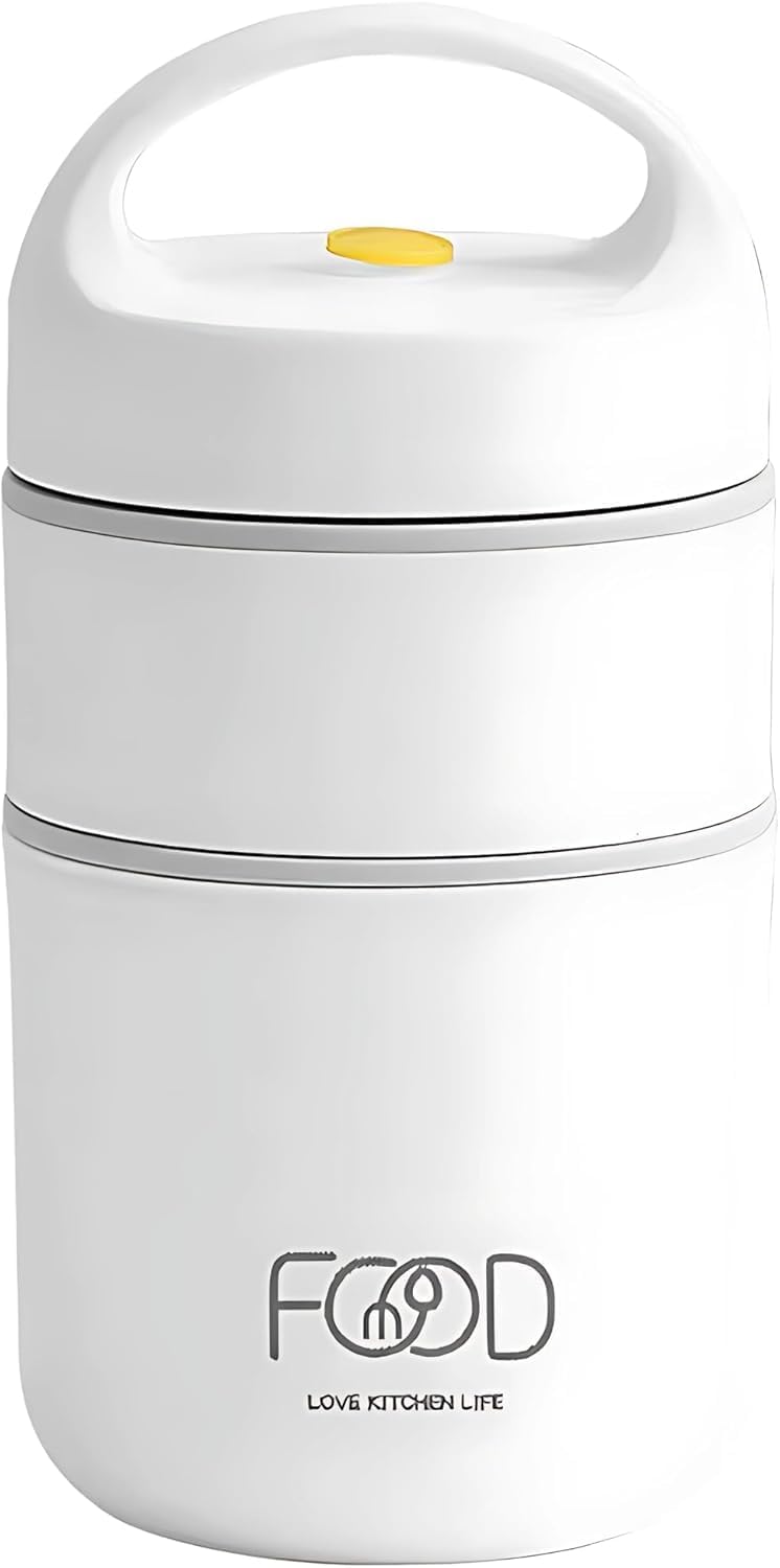 Double Soup Bowl Insulated Lunch Container Thermos Steel Food Jar with Spoon Stainless Steel 2 Compartment Leak Proof Airtight Lunch Container for Hot and Cold Food 710ml (White)