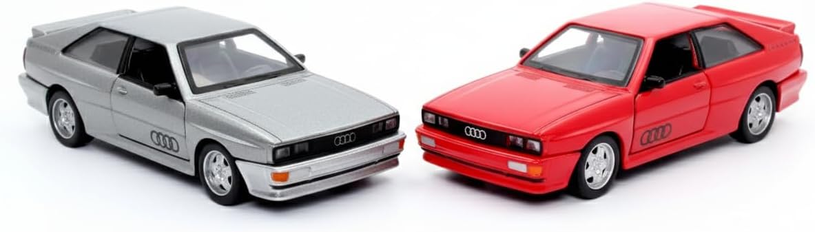 D-Power 1:36 Diecast Audi Quattro Coupe (1980–1991), Assorted Colors Red / Grey, 1 Piece– Classic Model Car with Pull Back Action, Collectible Vintage Toy