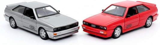 D-Power 1:36 Diecast Audi Quattro Coupe (1980–1991), Assorted Colors Red / Grey, 1 Piece– Classic Model Car with Pull Back Action, Collectible Vintage Toy