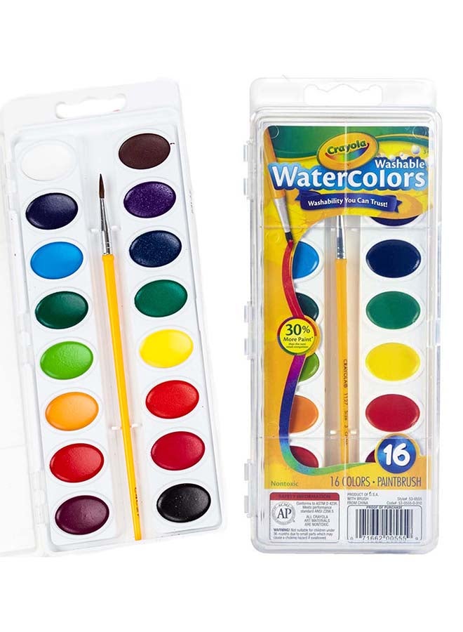 Crayola Washable Watercolors Pans with Plastic Handled Brush, 16 Count