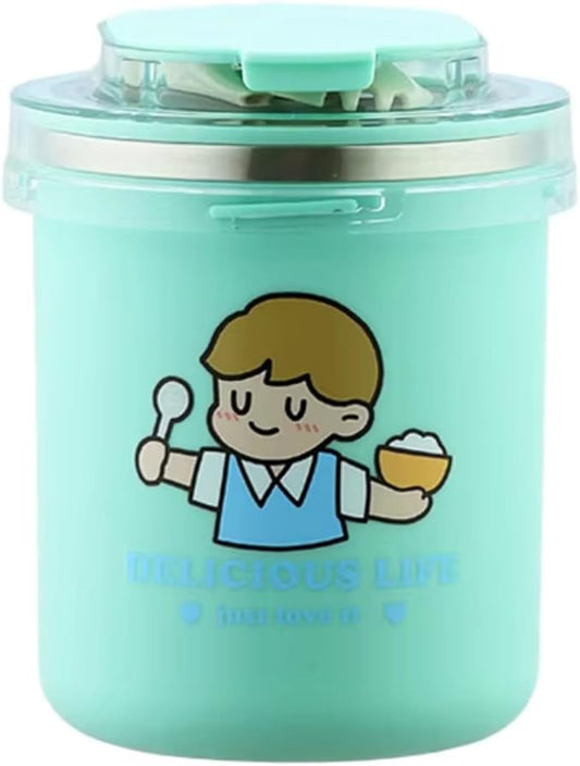 500ml Portable Stainless Steel Soup & Breakfast Cup – Cartoon Design, Thermos for Milk, Oatmeal, and Nutrition – Ideal for Students & Office Workers" (Green)