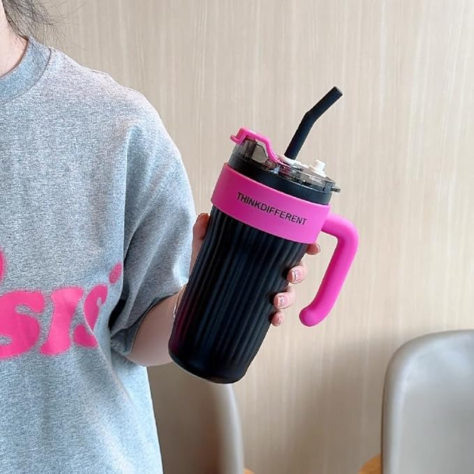 Insulated Tumbler with Handle and Straw Lid, Stainless Steel Coffee Mug Portable Coffee Tumbler Leak-Proof Coffee Cup Travel Mug Hot and Cold BPA-Free Fit in Car Cup Holder 860ml (Black)