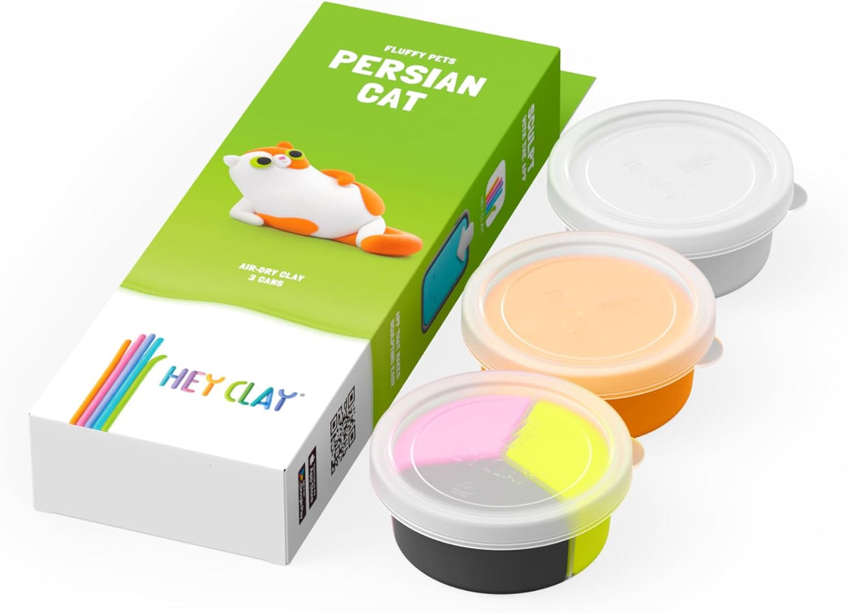 Hey Clay - Fluffy Pets PERSIAN CAT Colourful modelling air-dry clay, 3 cans with fun interactive app for kids 3 years