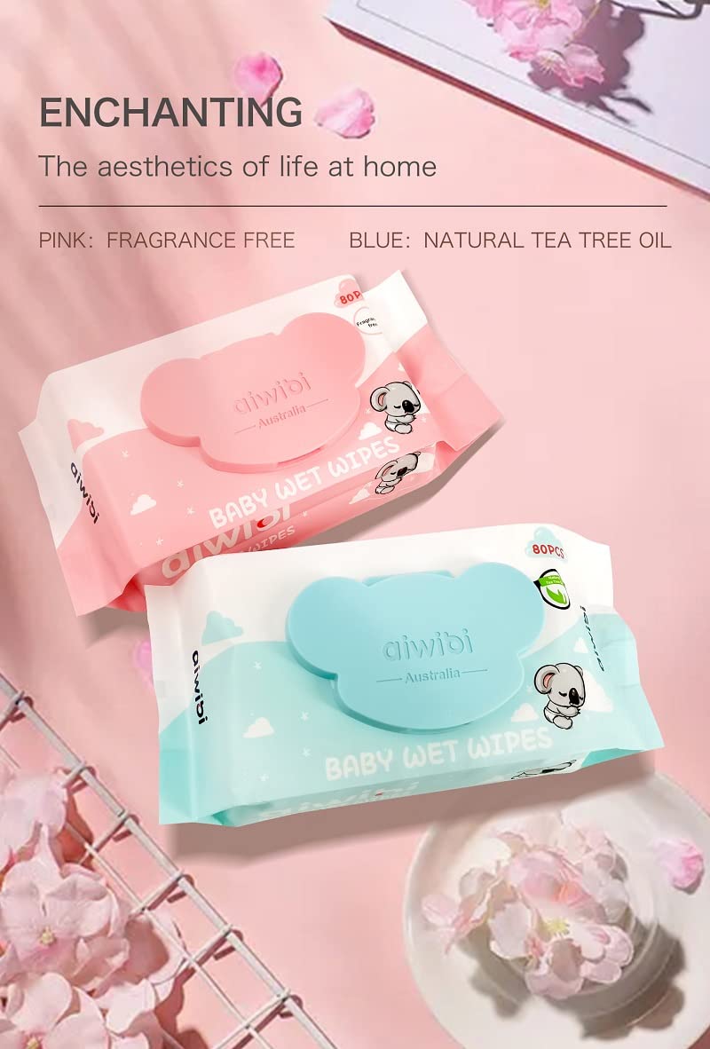 Aiwibi Soft Care Baby Wet Wipes (Natural Tea Tree Oil)- Pack of 3 Pouches x 80Sheets, 240 Wipes