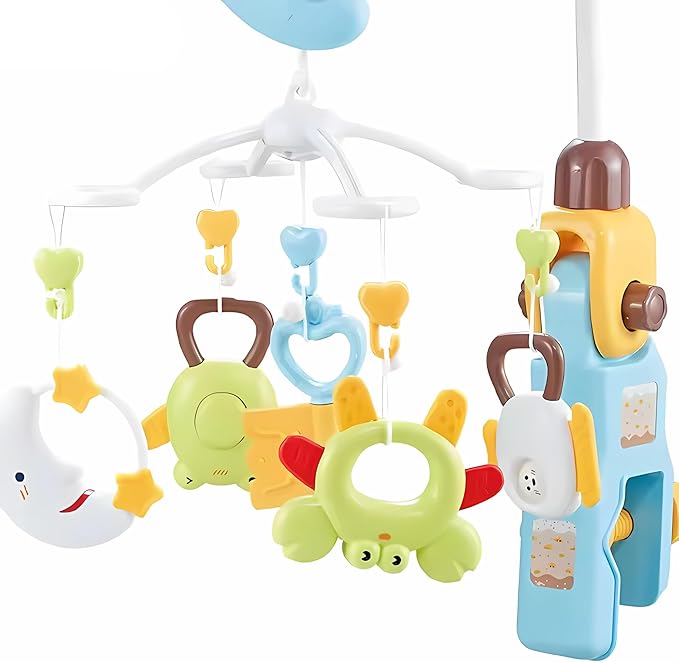 Baby Crib Mobile with Music & Remote – 360° Rotating Hanging Rattle Toy Set for Newborns, Adjustable Stand, Soothing Melodies for 0-12 Months (Blue)