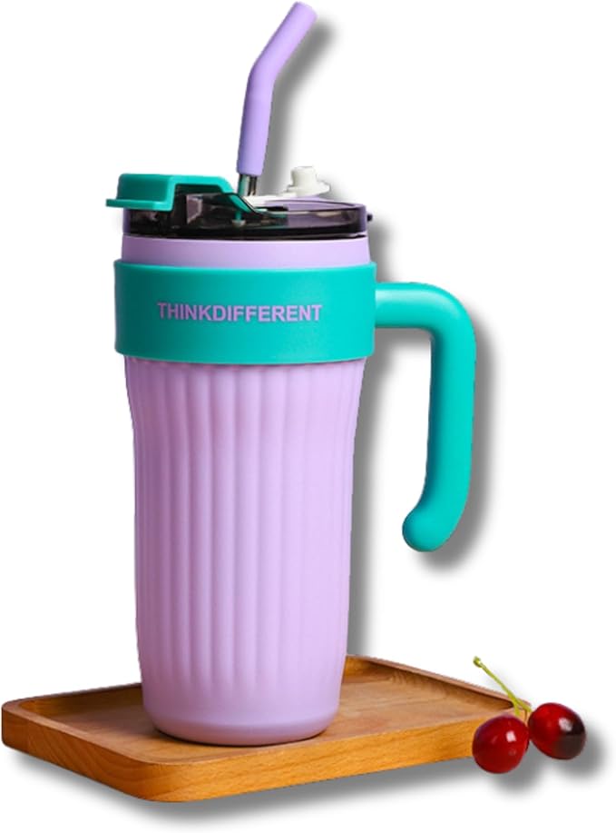 Insulated Tumbler with Handle and Straw Lid, Stainless Steel Coffee Mug Portable Coffee Tumbler Leak-Proof Coffee Cup Travel Mug Hot and Cold BPA-Free Fit in Car Cup Holder 860ml (Purple)