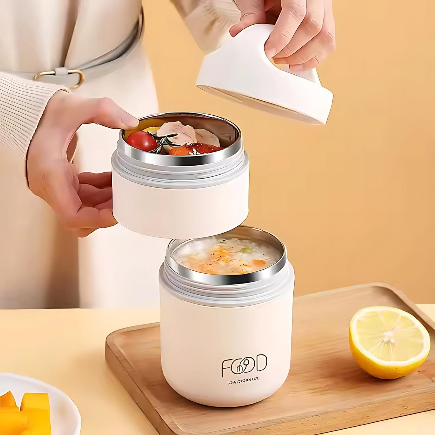 Double Soup Bowl Insulated Lunch Container Thermos Steel Food Jar with Spoon Stainless Steel 2 Compartment Leak Proof Airtight Lunch Container for Hot and Cold Food 710ml (White)