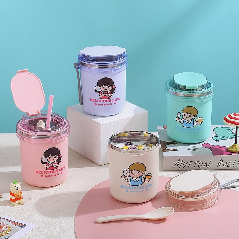 500ml Portable Stainless Steel Soup & Breakfast Cup – Cartoon Design, Thermos for Milk, Oatmeal, and Nutrition – Ideal for Students & Office Workers" (cream)