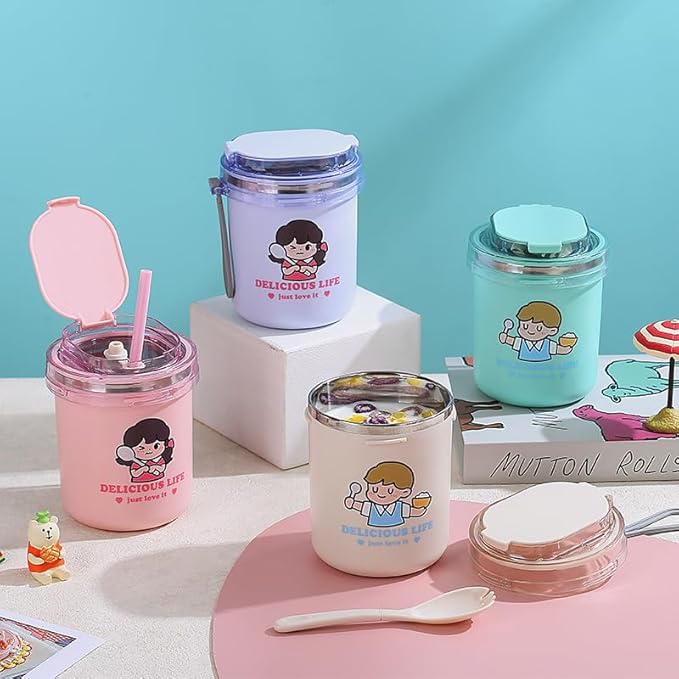 500ml Portable Stainless Steel Soup & Breakfast Cup – Cartoon Design, Thermos for Milk, Oatmeal, and Nutrition – Ideal for Students & Office Workers" (Purple)