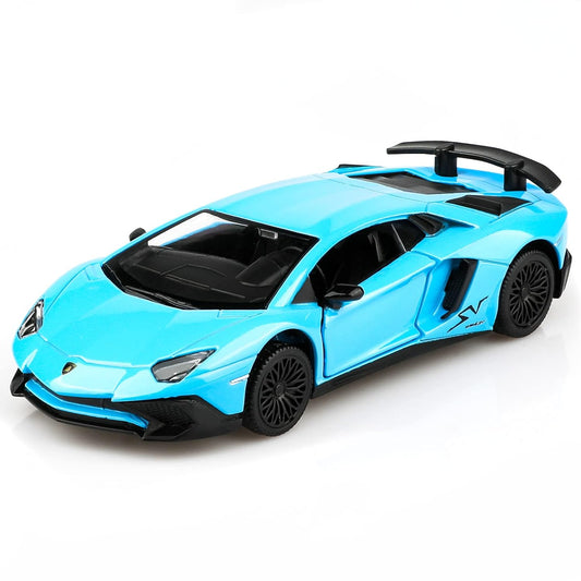 D-Power 1:36 Diecast Lamborghini Aventador LP750-4 Superveloce, Assorted Colors Blue / Red, 1 Piece– Model Car with Pull Back Action, Collectible Supercar Toy