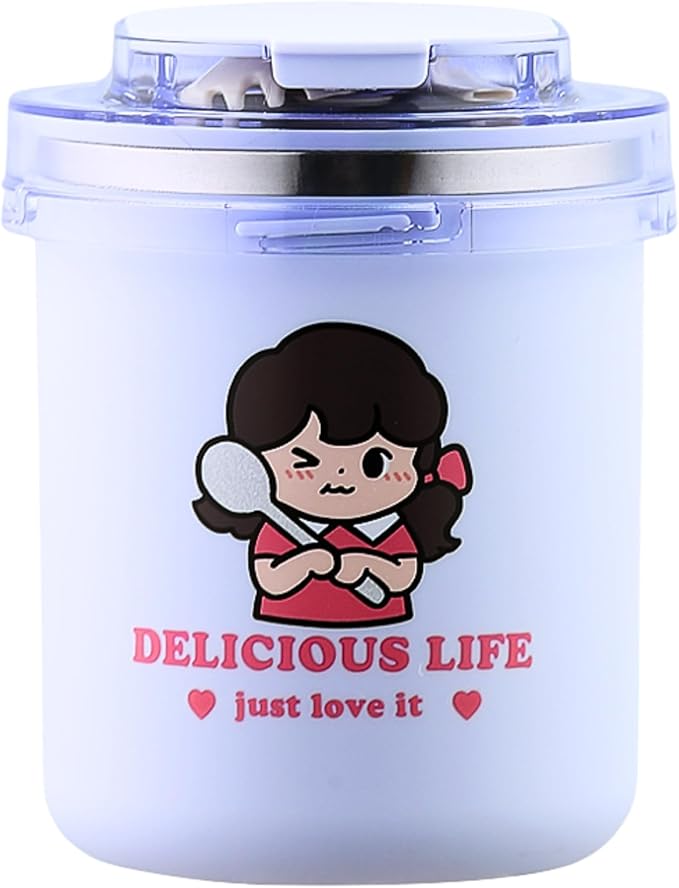 500ml Portable Stainless Steel Soup & Breakfast Cup – Cartoon Design, Thermos for Milk, Oatmeal, and Nutrition – Ideal for Students & Office Workers" (Purple)