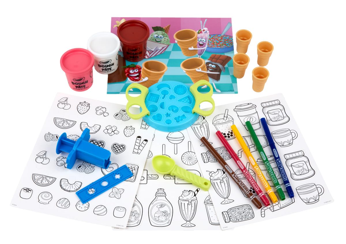 Crayola Silly Scents Ice Cream Parlor Play Set – DIY Scented Dough & Craft Kit with 17 Molds, Scooper, Cones, Scented Markers & Play Mat | Non-Toxic Creative Toy for Kids Ages 4+