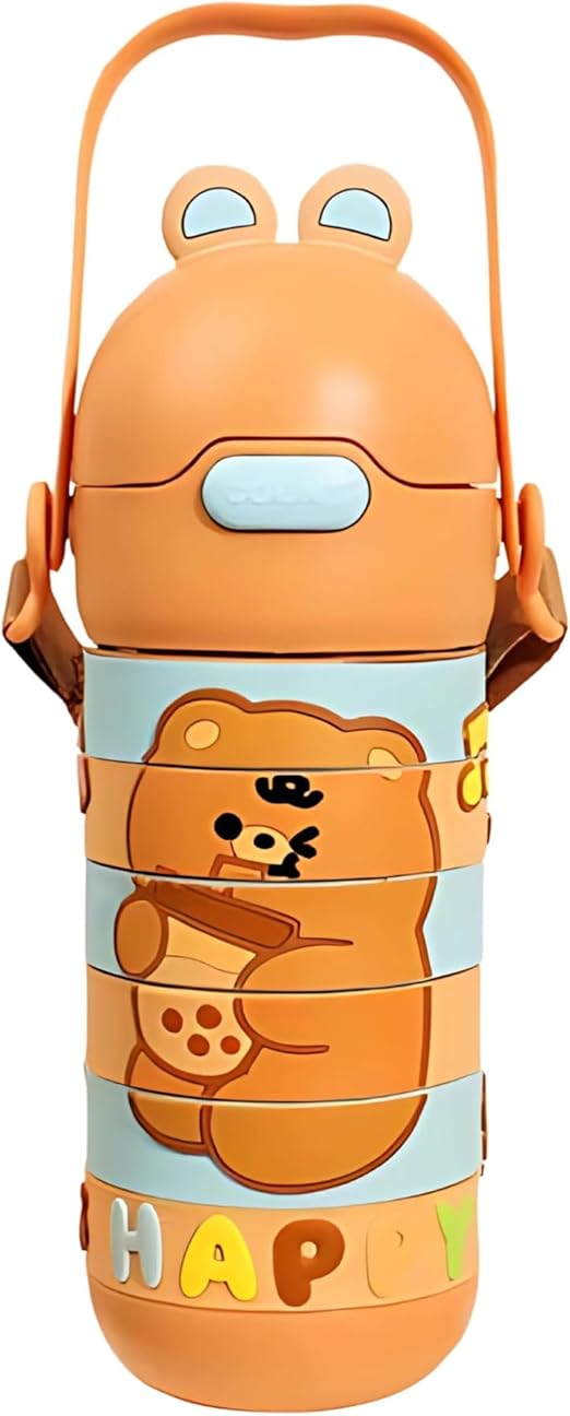 Stainless Steel Kids Puzzle Swirl Water Bottle with Straw & Strap Double Wall Vacuum Insulated Educational, Fun and Learning Water Bottle for Kids, Girls and Boys Leak Proof 430ml (Brown)