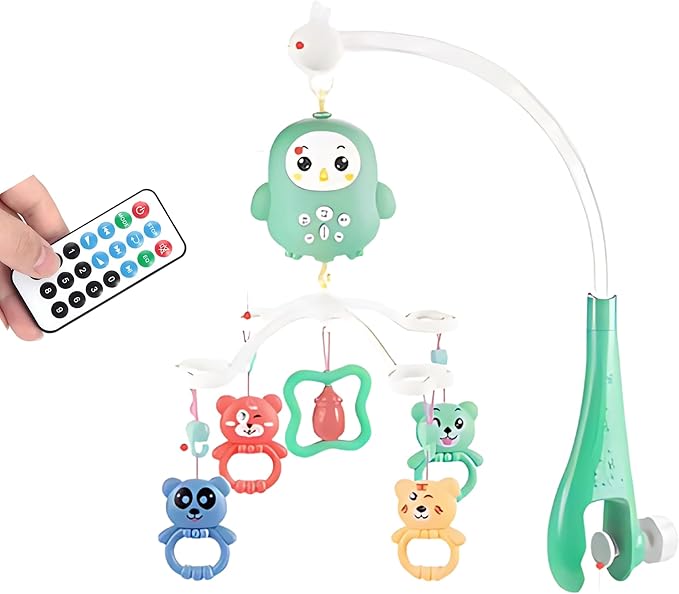 Baby Crib Mobile with Music & Remote – 360° Rotating Hanging Rattle Toy Set for Newborns, Adjustable Stand, Soothing Melodies for 0-12 Months (Green)