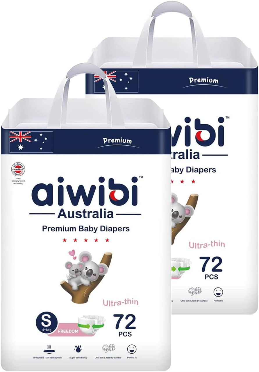 Aiwibi 2 Pack Ultra-Thin baby Diapers Extra Soft And Eco-friendly anti-irritation Premium Baby Diapers Size (S 4-8kg)