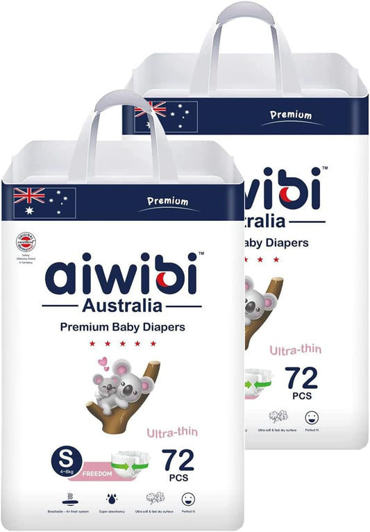 Aiwibi 2 Pack Ultra-Thin baby Diapers Extra Soft And Eco-friendly anti-irritation Premium Baby Diapers Size (S 4-8kg)